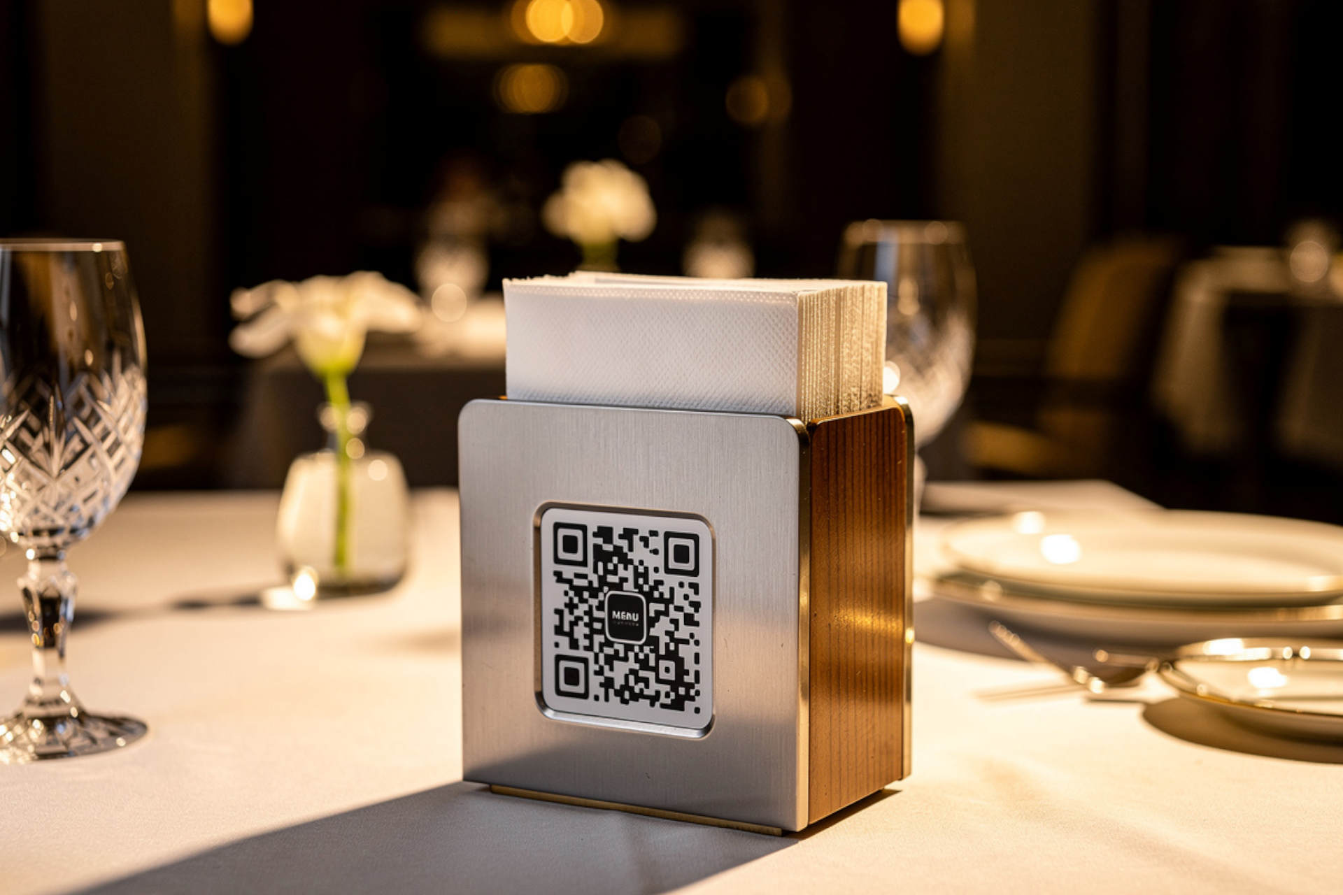 Digitale Speisekarte mit QR Code auf dem Servietenhalter